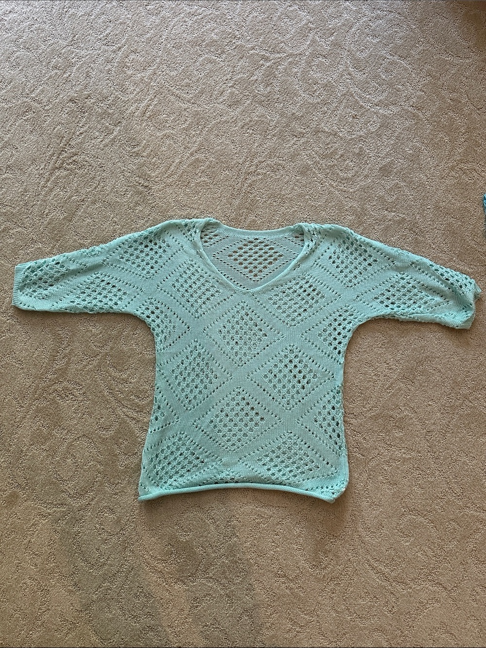 Light Mint Open-Knit V-Neck crochet  Sweater